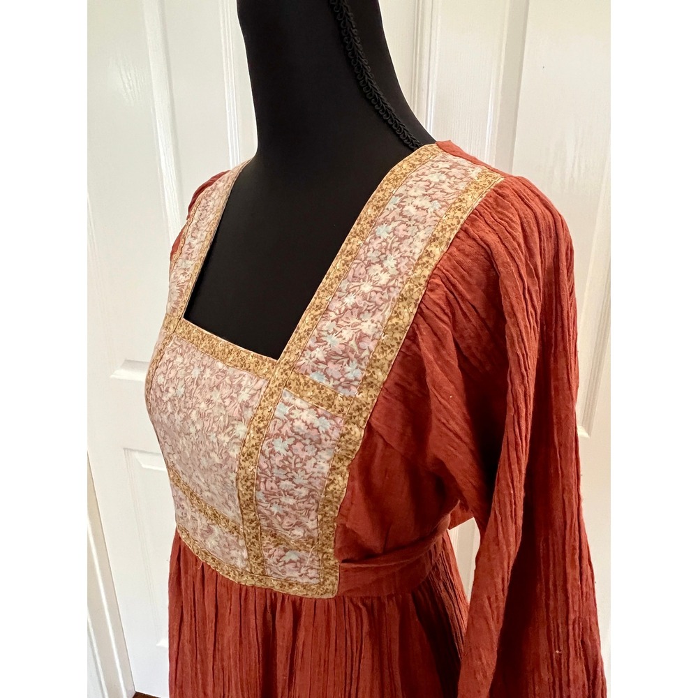 Vintage 70s Fritzi California Rust Cotton Gauze Prairie Maxi Dress Boho Empire M